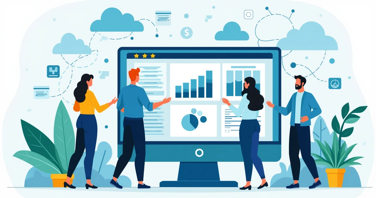 Ilustração corporativa plana de equipe colaborando em interface SaaS com gráficos e códigos 