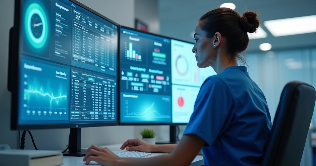 Profissional de saúde usando sistema digital com gráficos em tela 