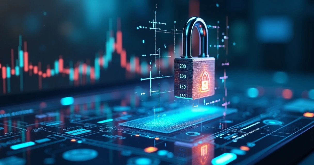 Interface digital com gráficos e cadeado representando segurança em pagamentos eletrônicos 