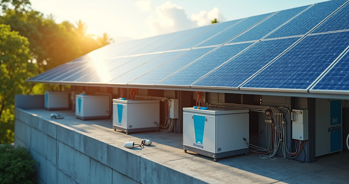 Ilustração de um sistema solar fotovoltaico com painéis e baterias instalados em um telhado empresarial