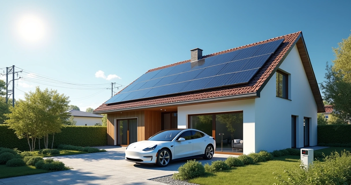 Casa residencial com sistema solar grid zero de painéis fotovoltaicos no telhado e medidor de energia elétrico 