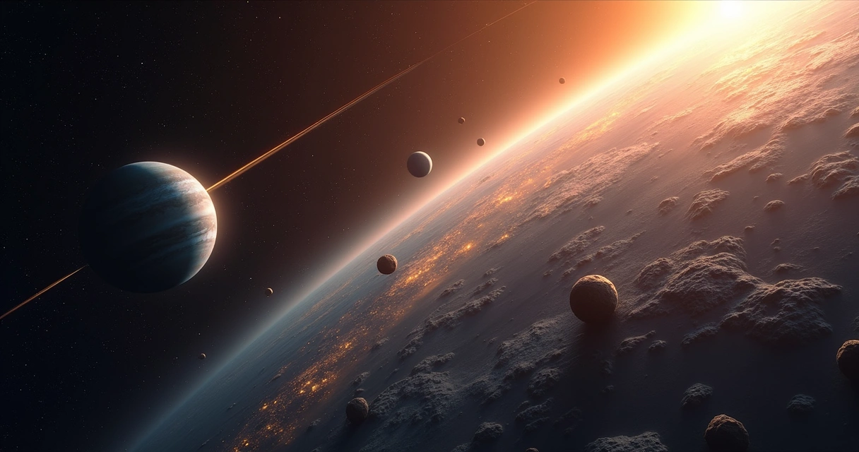 Júpiter e Terra no espaço, com asteroides se desviando 