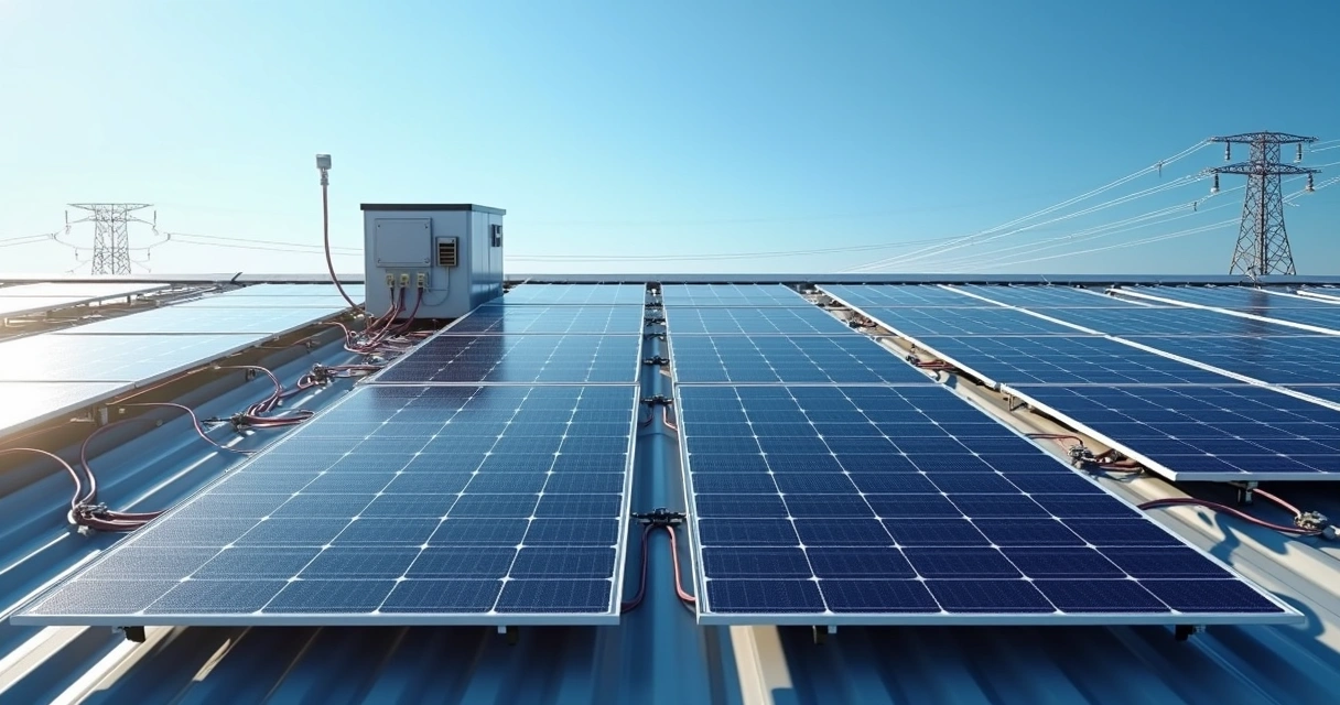 Painéis solares em telhado divididos em dois sistemas: off-grid com baterias e on-grid conectados à rede elétrica 