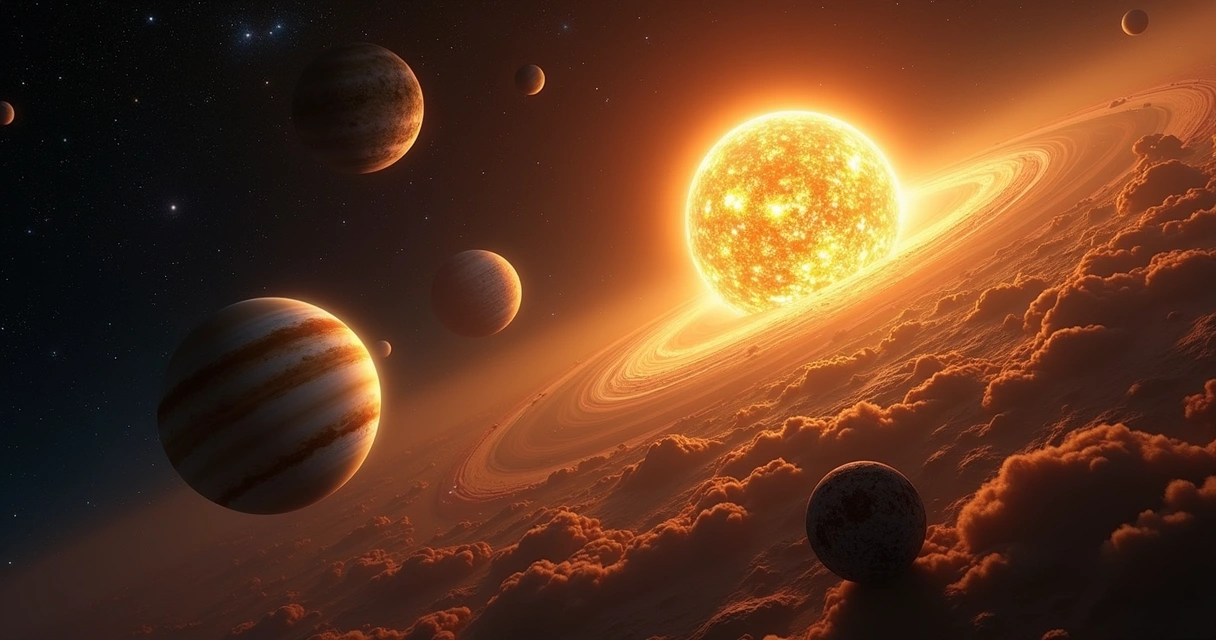 Planetas do sistema solar orbitando ao redor do Sol com fundo estrelado e nuvens de poeira cósmica 