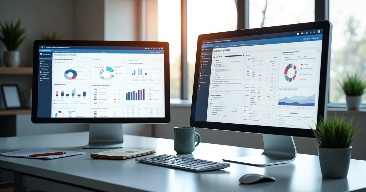 Dois monitores de computador exibindo sistema de gestão de tarefas contábeis digital 