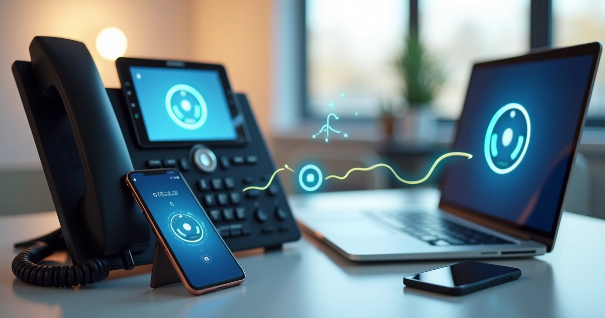 Telefone IP com ícone de chamada desviada para celular em ambiente de escritório moderno