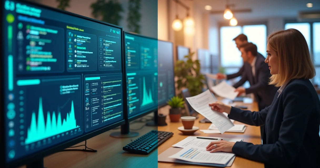 Comparação entre sistema automatizado de tickets e distribuição manual de leads em ambiente de escritório moderno 