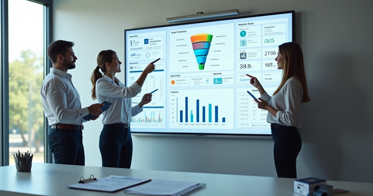 Equipe de pequena empresa diante de painel com funil de vendas e estoque integrado 