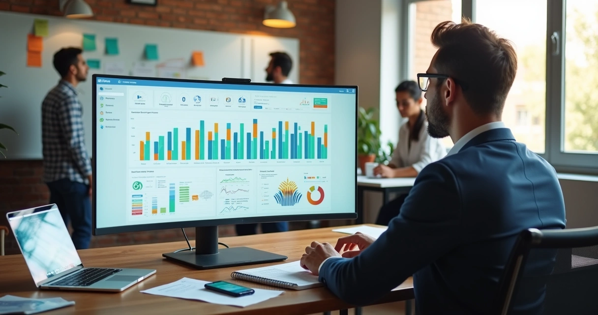 Gestor analisando painel de sistema de vendas em escritório de pequena empresa 
