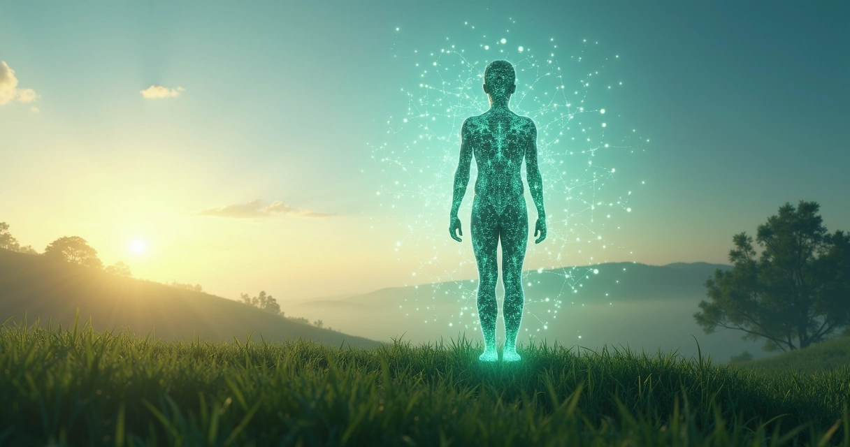 Silhueta de pessoa integrada a rede luminosa em paisagem natural 