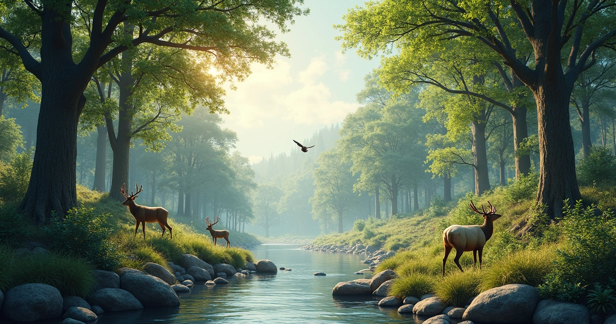 Ecossistema natural com árvores, animais e água em harmonia. 