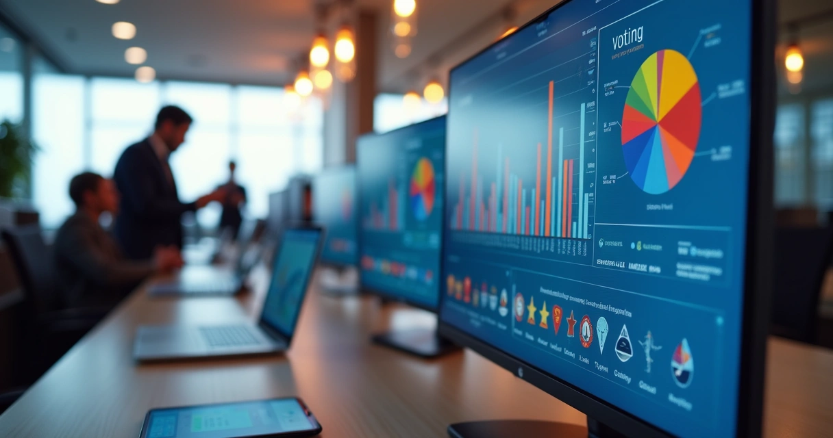 Tela digital com gráficos comparativos de sistemas de votação online para eventos corporativos 