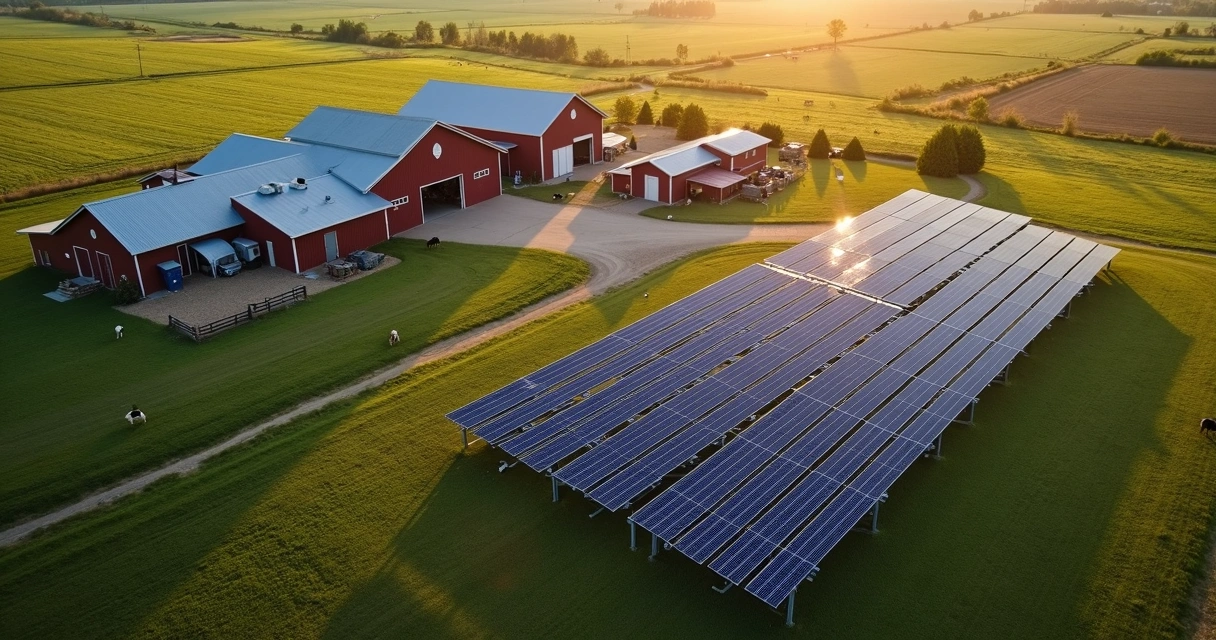 Vista aérea de um sistema solar em uma fazenda, com painéis solares organizados próximo a construções agrícolas 