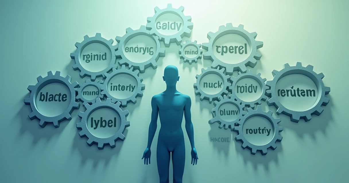 Ilustración de un ser humano rodeado de engranajes representando mente, cuerpo y emociones interconectados.