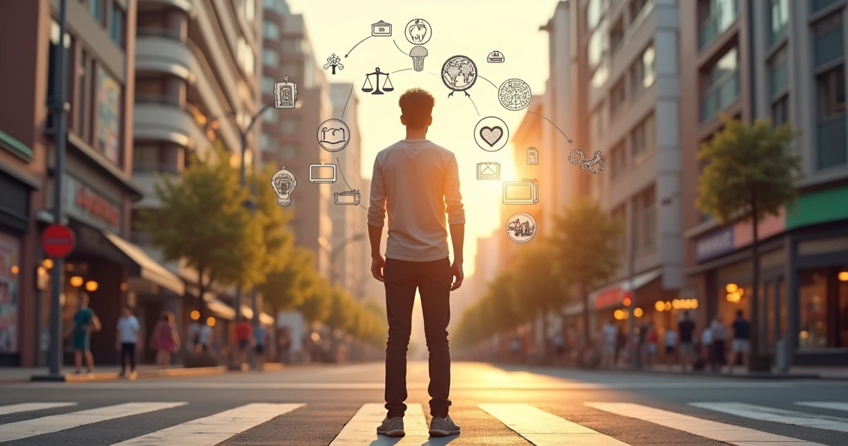 Persona en cruce de caminos con símbolos culturales influyendo en su decisión 