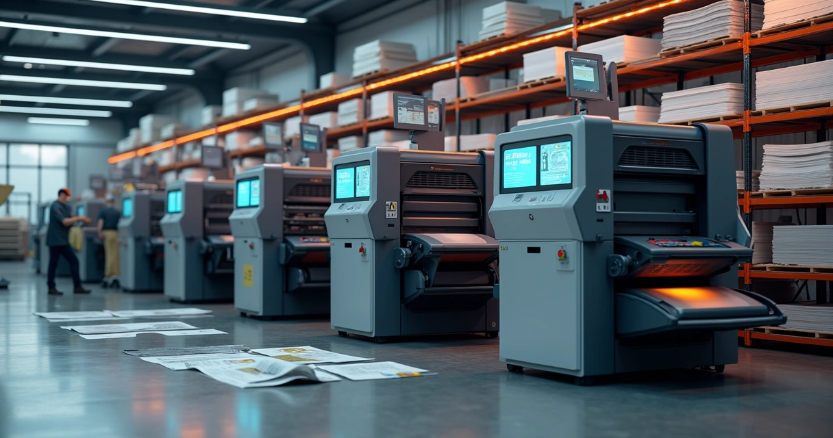 Máquinas de impressão digital, offset e direct to plate em ambiente industrial moderno 