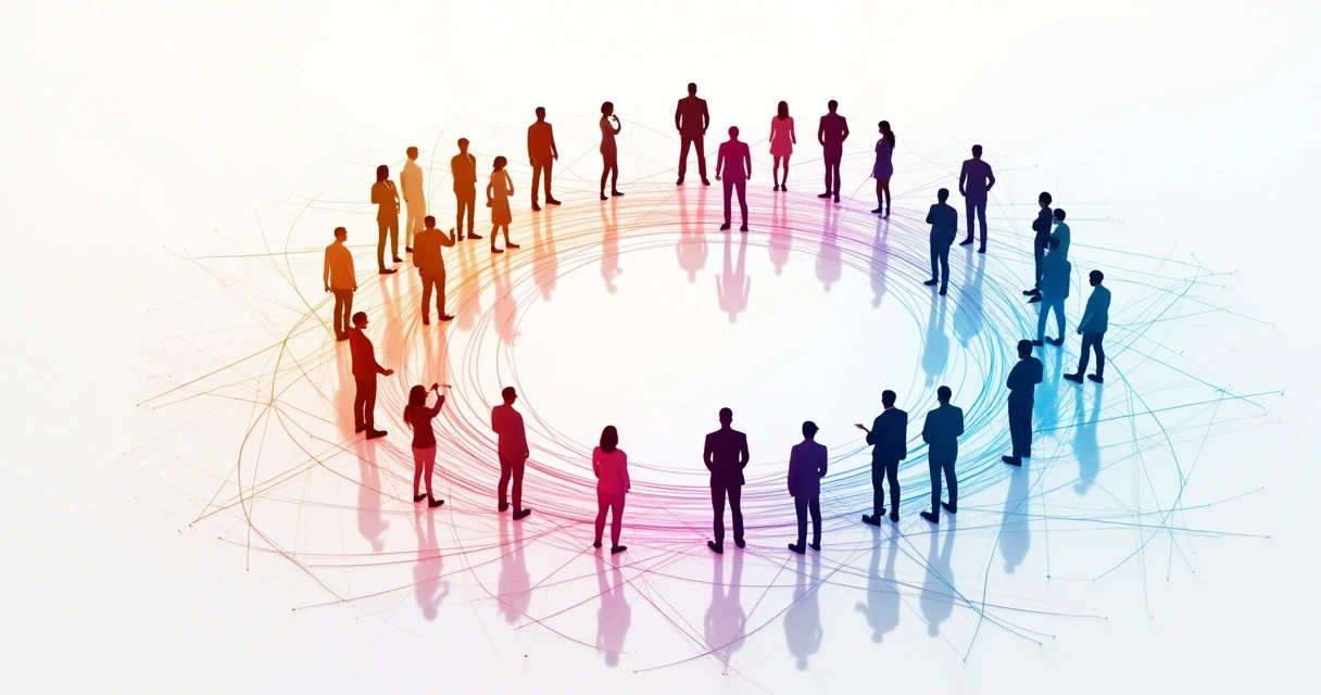 Pessoas conectadas por linhas coloridas formando uma rede em círculo, simbolizando interação social. 