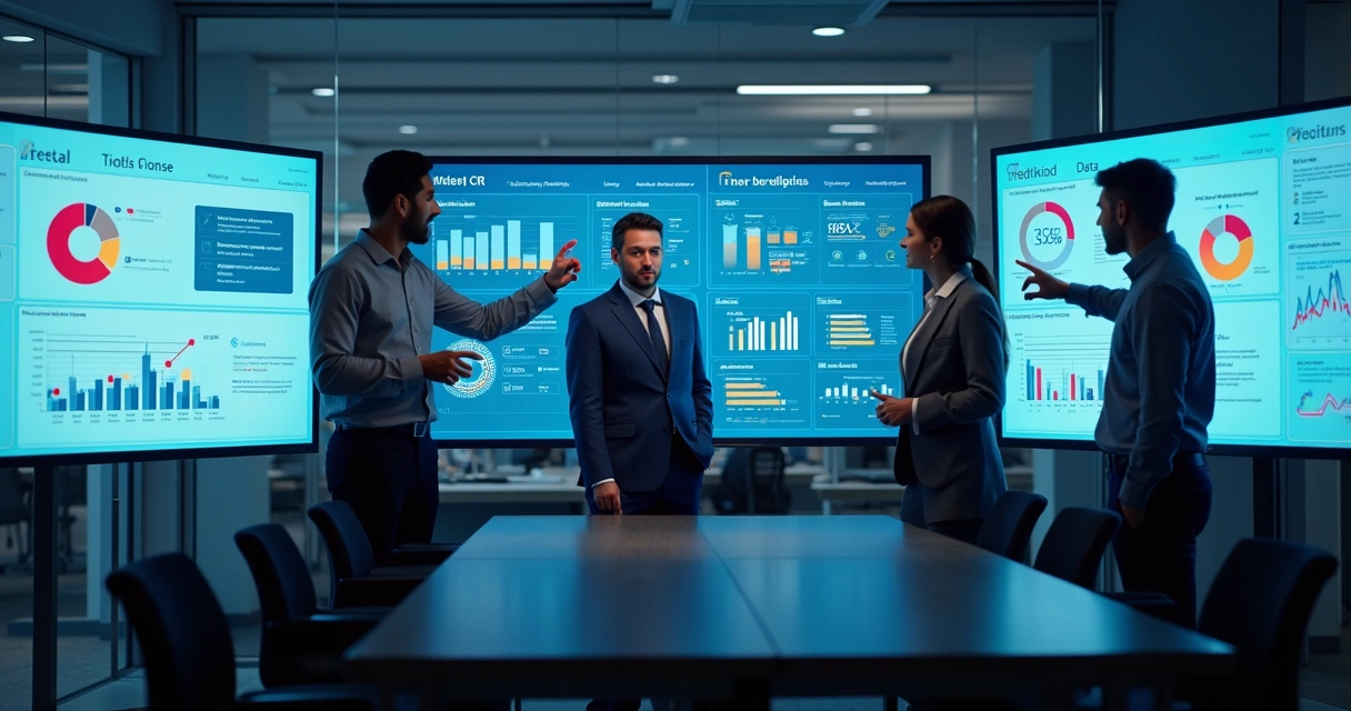 Fluxo de dados conectando CRM, ERP e painéis de IA mostrando relatórios de vendas em monitores de computadores, fundo azul e cinza, pessoas analisando os dados 