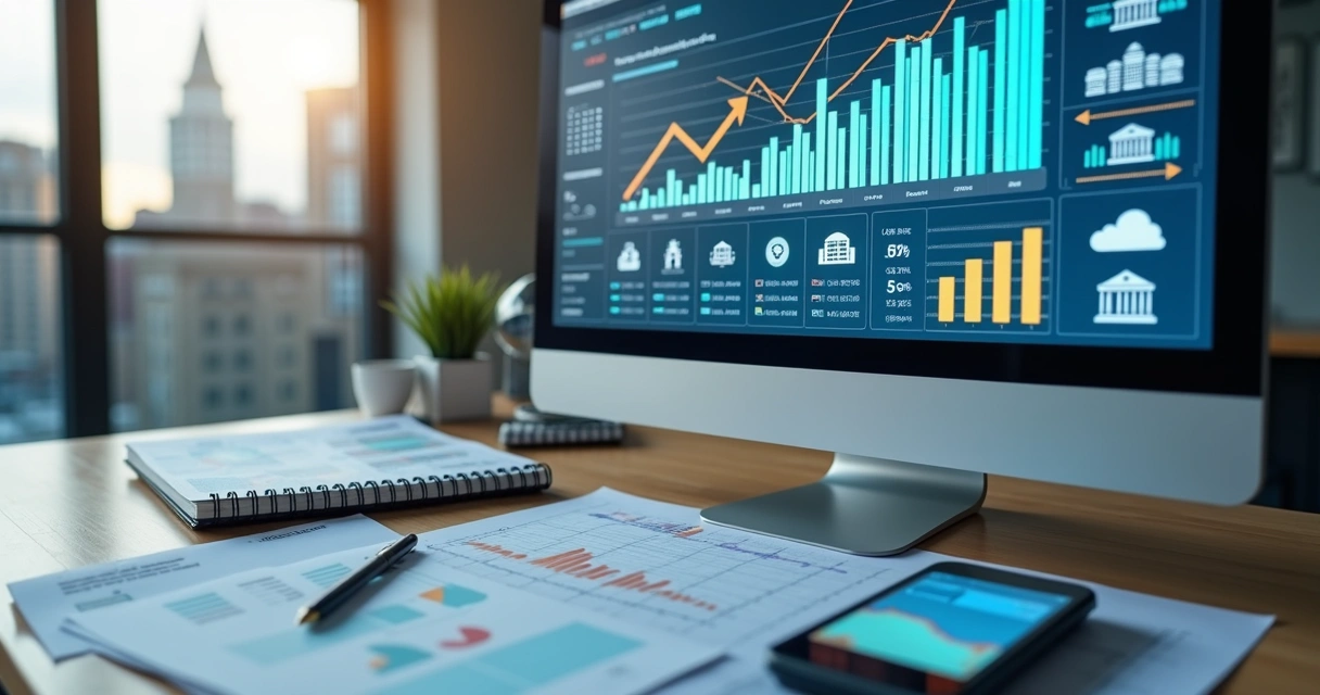 Tela de sistema financeiro com gráficos de integração bancária 