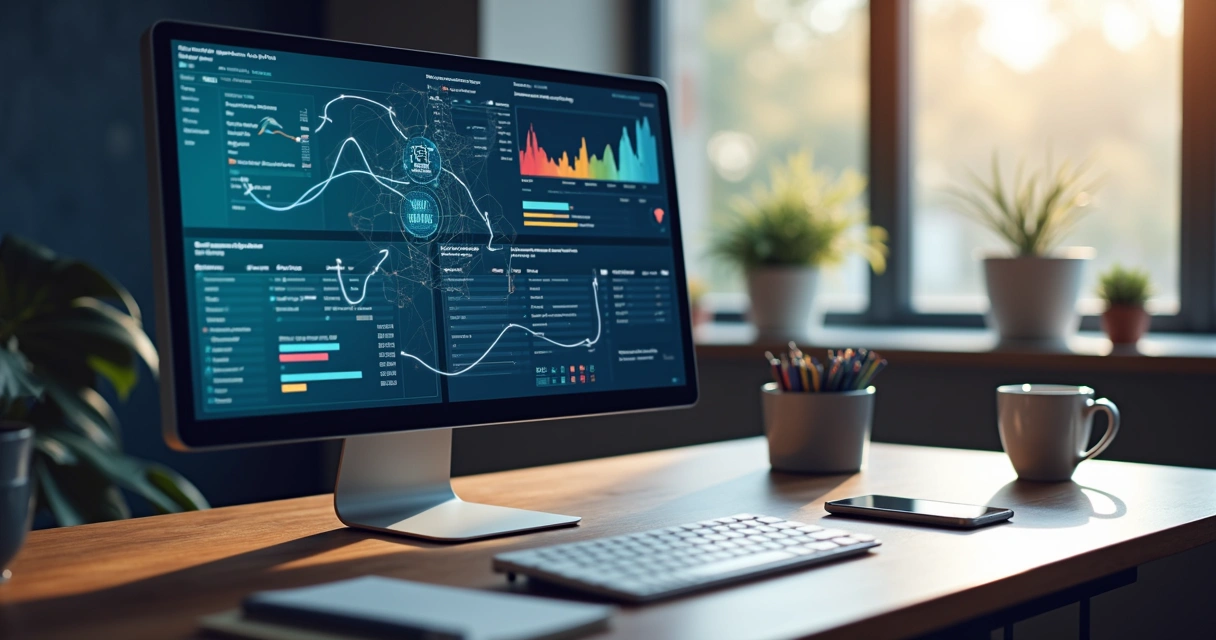 Tela de computador exibindo painéis de integração de sistemas sem API com fluxos de dados conectando várias plataformas digitais 