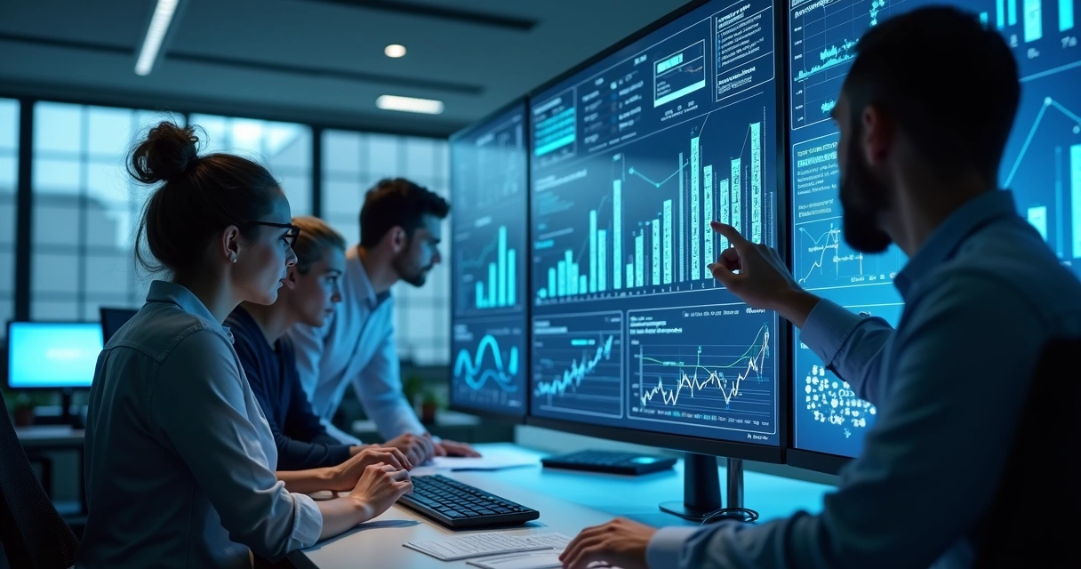 Equipe analisando dados integrados em vários computadores 