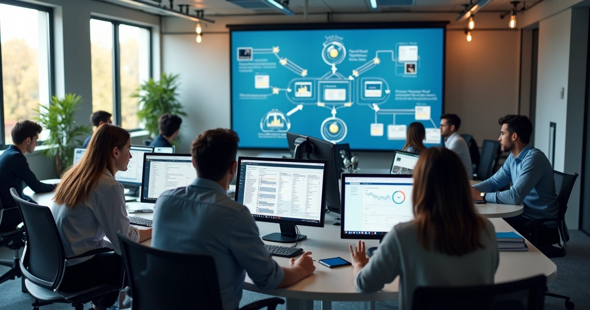 Ambiente de escritório moderno com vários monitores mostrando diferentes sistemas conectados 