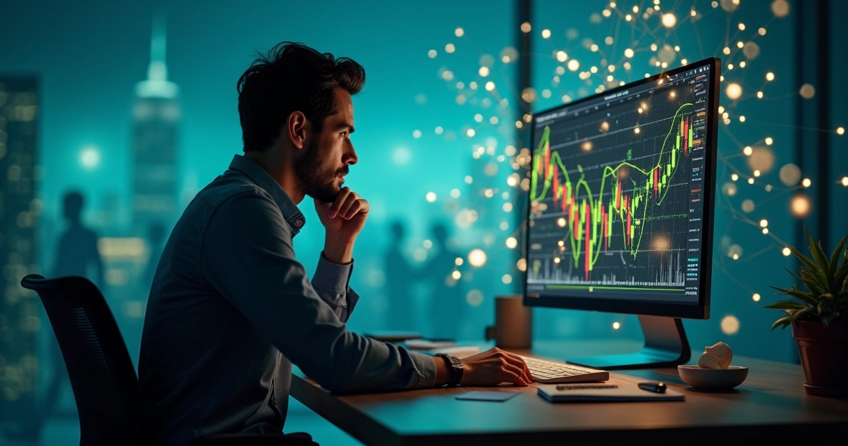 Pessoa diante de tela com gráficos financeiros conectados a fios invisíveis 