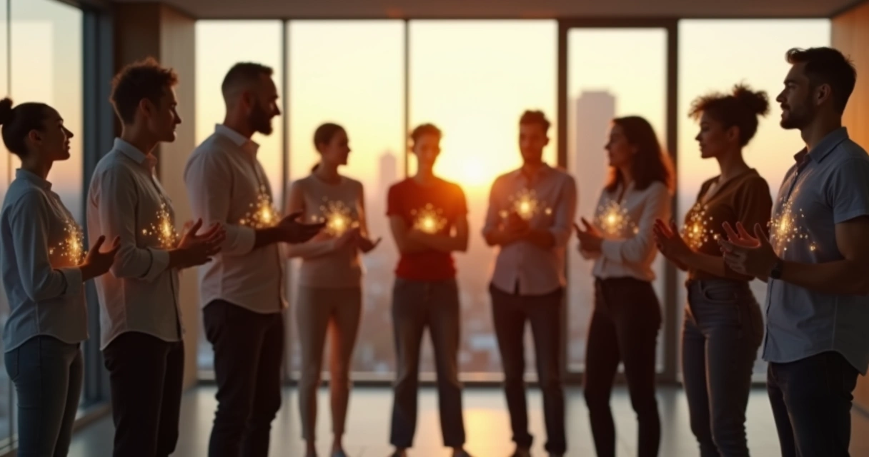 Rede de pessoas conectadas por linhas de energia sutil em ambiente urbano 