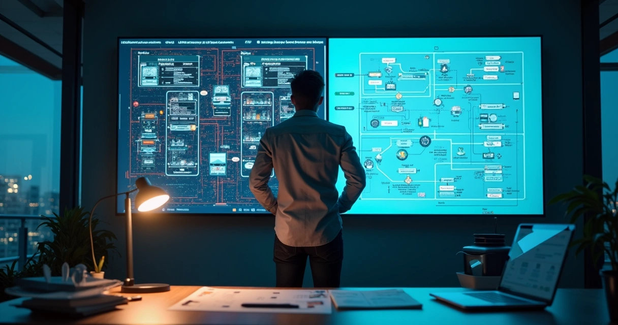 Gestor analisando painel com sistemas legados e nuvem SaaS 