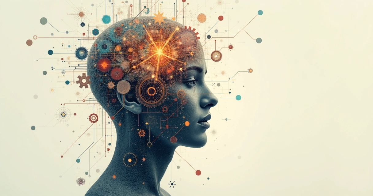 Silhueta humana com engrenagens e linhas conectando memórias e emoções 