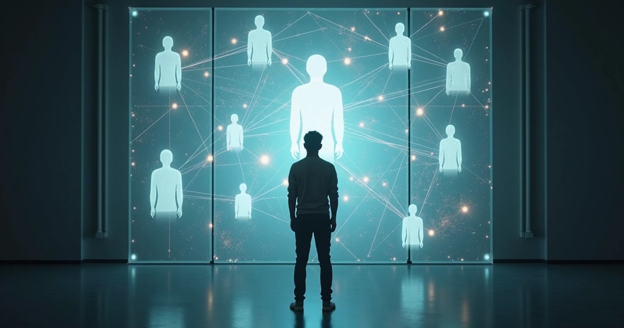 Pessoa em pé diante de silhuetas conectadas por linhas representando sistemas ocultos 