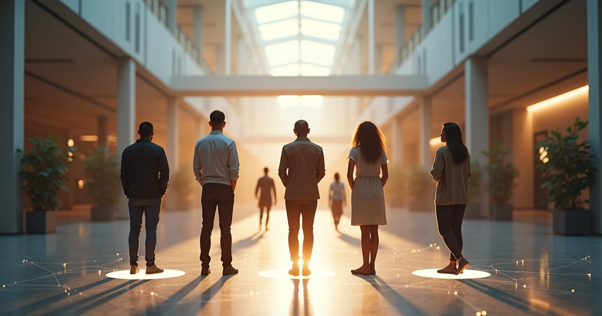 Grupo diverso de pessoas conectadas por linhas formando uma rede social abstrata 
