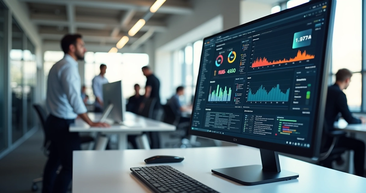 Tela de computador exibindo dashboards de sistemas na web com gráficos e códigos, ambiente moderno de escritório com profissionais ao fundo 