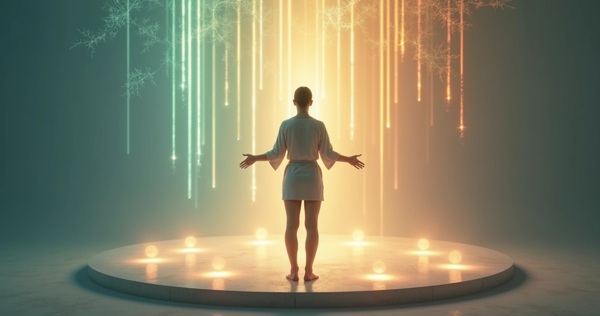 Pessoa em pé diante de fluxos de luz representando emoções herdadas 