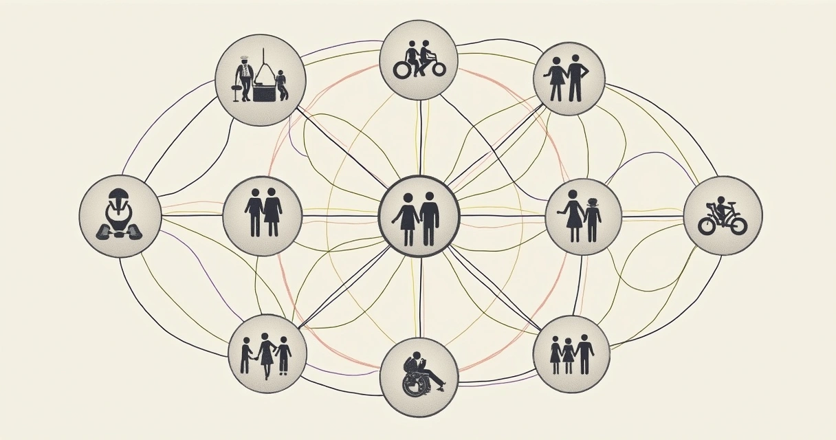Gráfico de sistemas interligados representando relações familiares, profissionais e sociais 