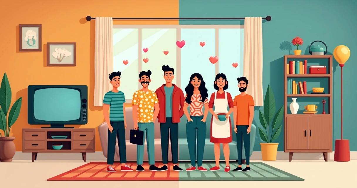 Elenco de personagens clássicos de sitcom em sala de estar retro e moderna misturadas 