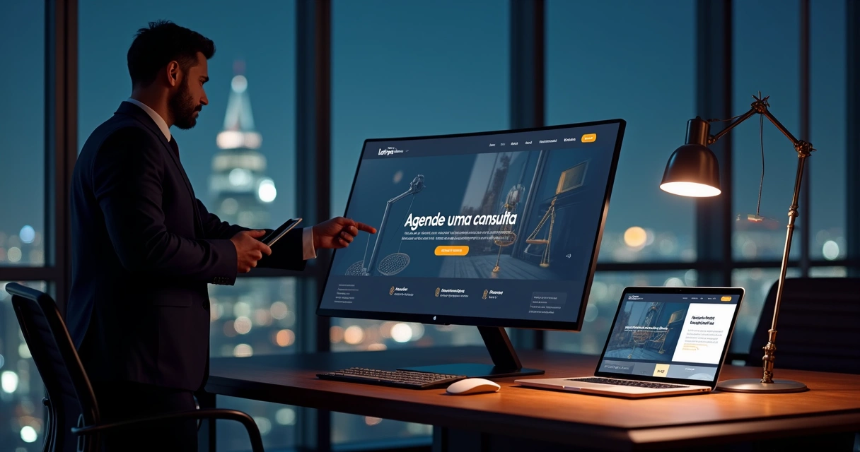 Advogado observa site profissional em tela grande de escritório moderno 