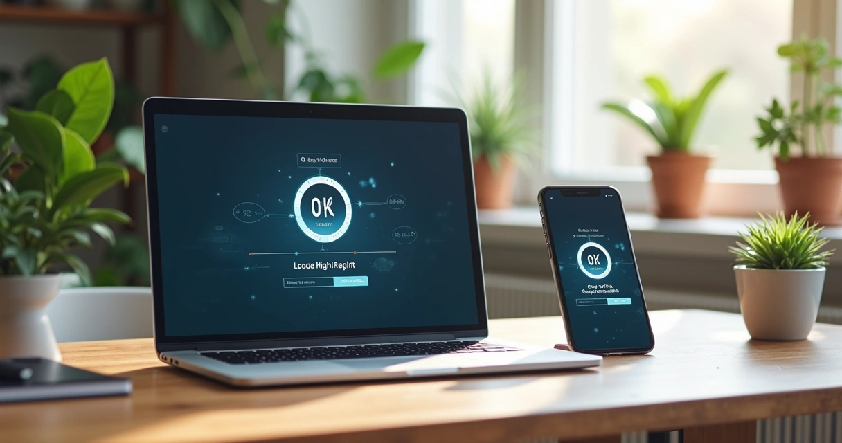 Página web de carregamento rápido em notebook e smartphone na mesa 
