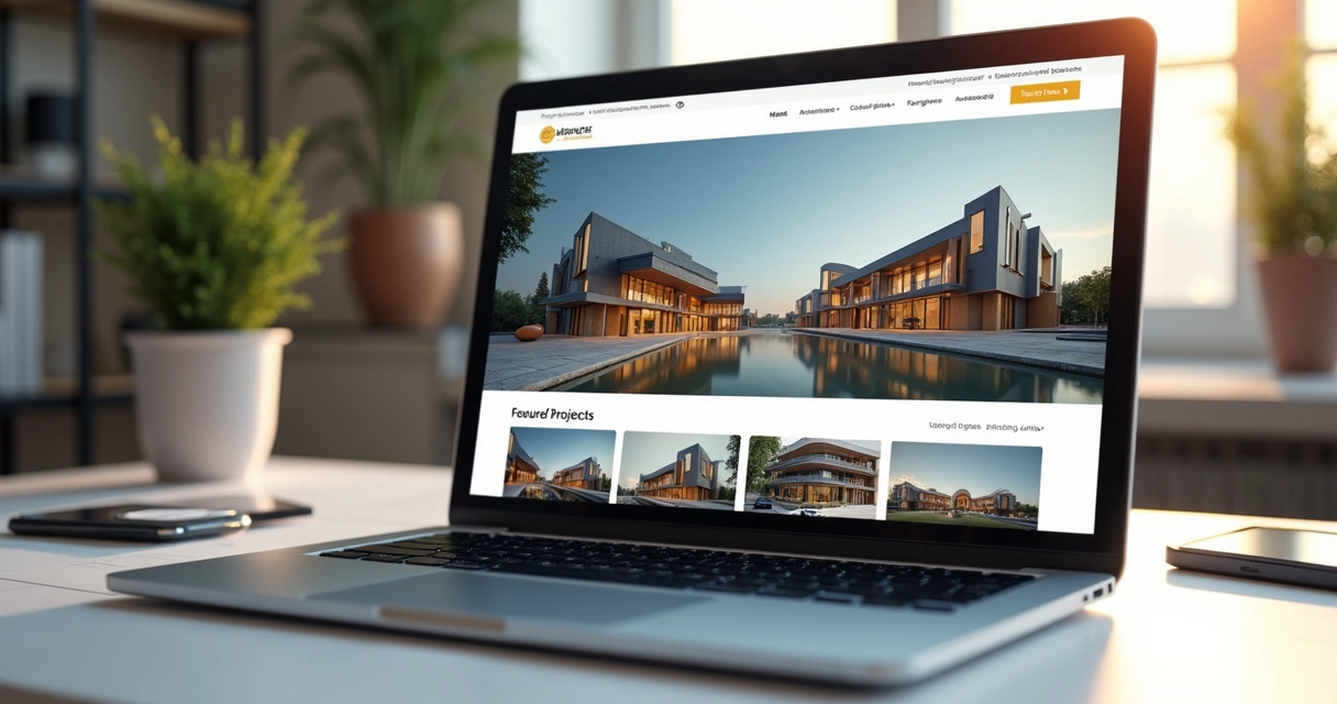 Página inicial de site moderno de arquitetura exibida em notebook. 