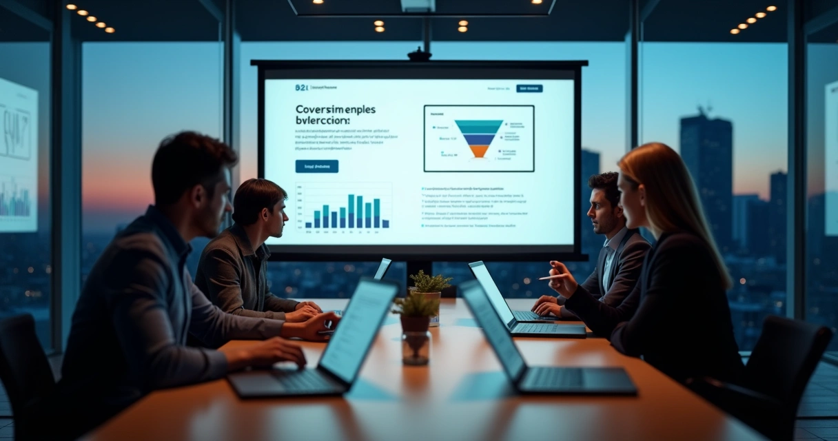 Sala com projetor exibindo wireframe de site B2B em tela larga 