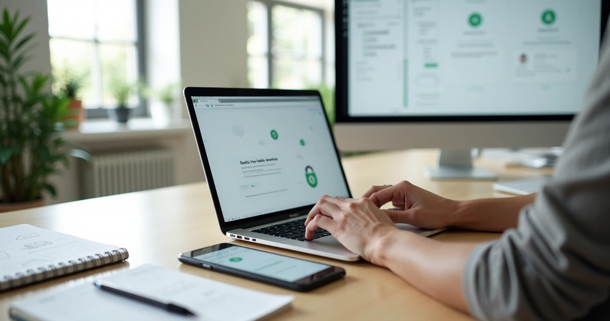Pessoa configurando site profissional barato em notebook sobre mesa de trabalho 