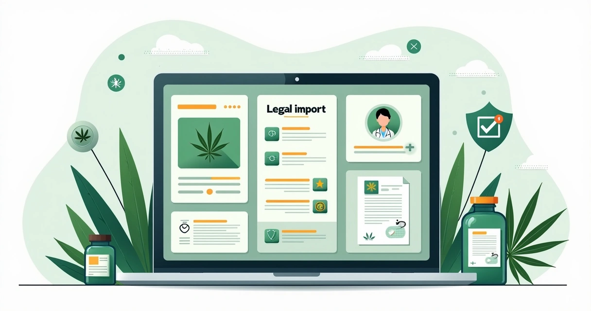 Ilustração de portal de cannabis explicando importação legal com destaque para documentos e aprovação da Anvisa 