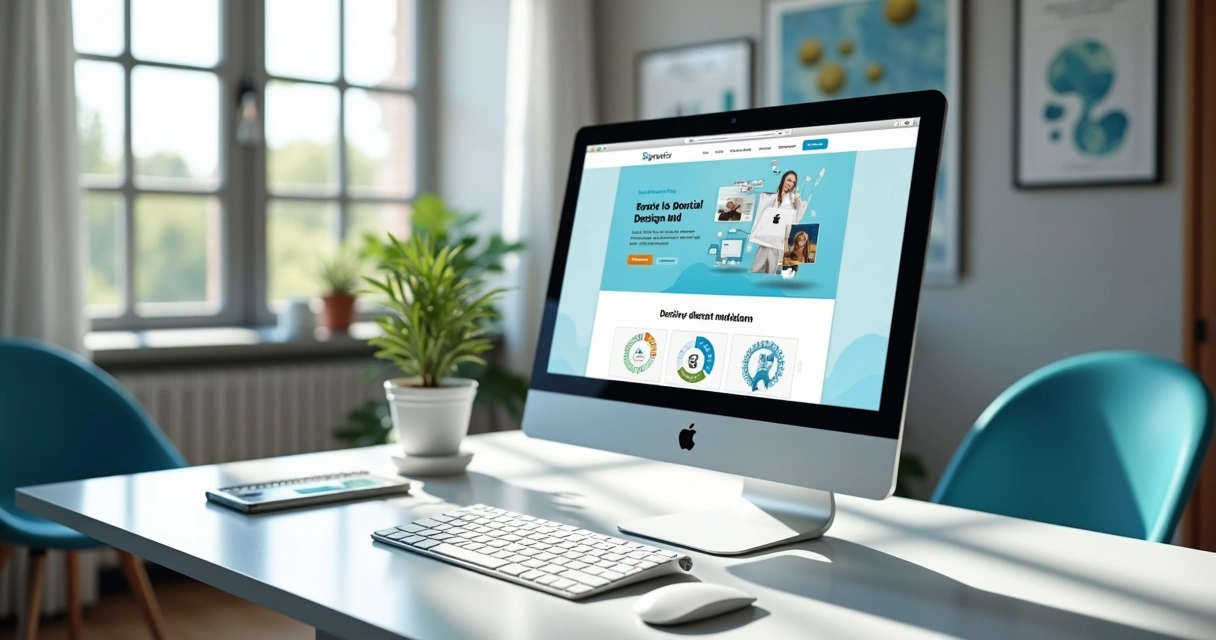 Computador exibindo site moderno de clínica odontológica captando pacientes com leads online e gráficos de crescimento ao fundo 