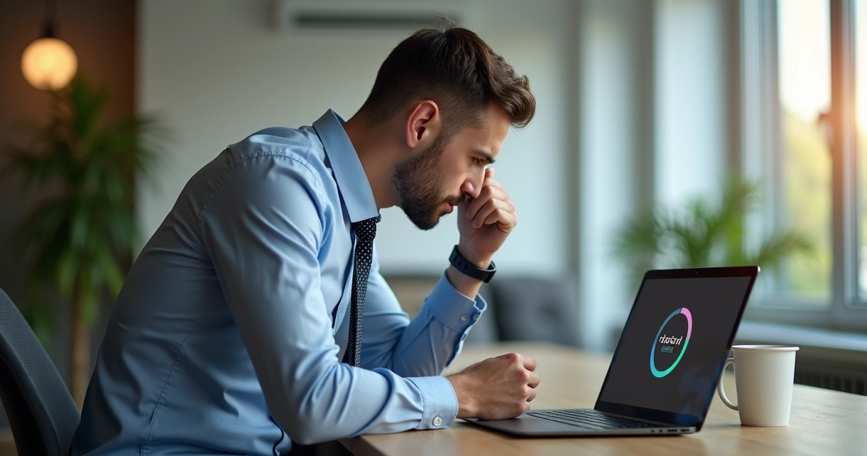 Homem observando tela de notebook com site carregando lento 