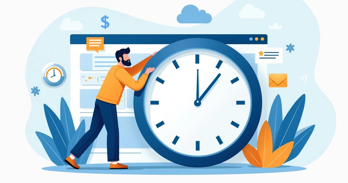 Homem empurrando relógio gigante na frente de tela de site 