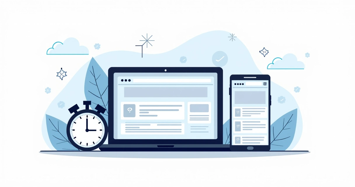 Ilustração de cronômetro ao lado de site abrindo rapidamente em tela de notebook e celular. 