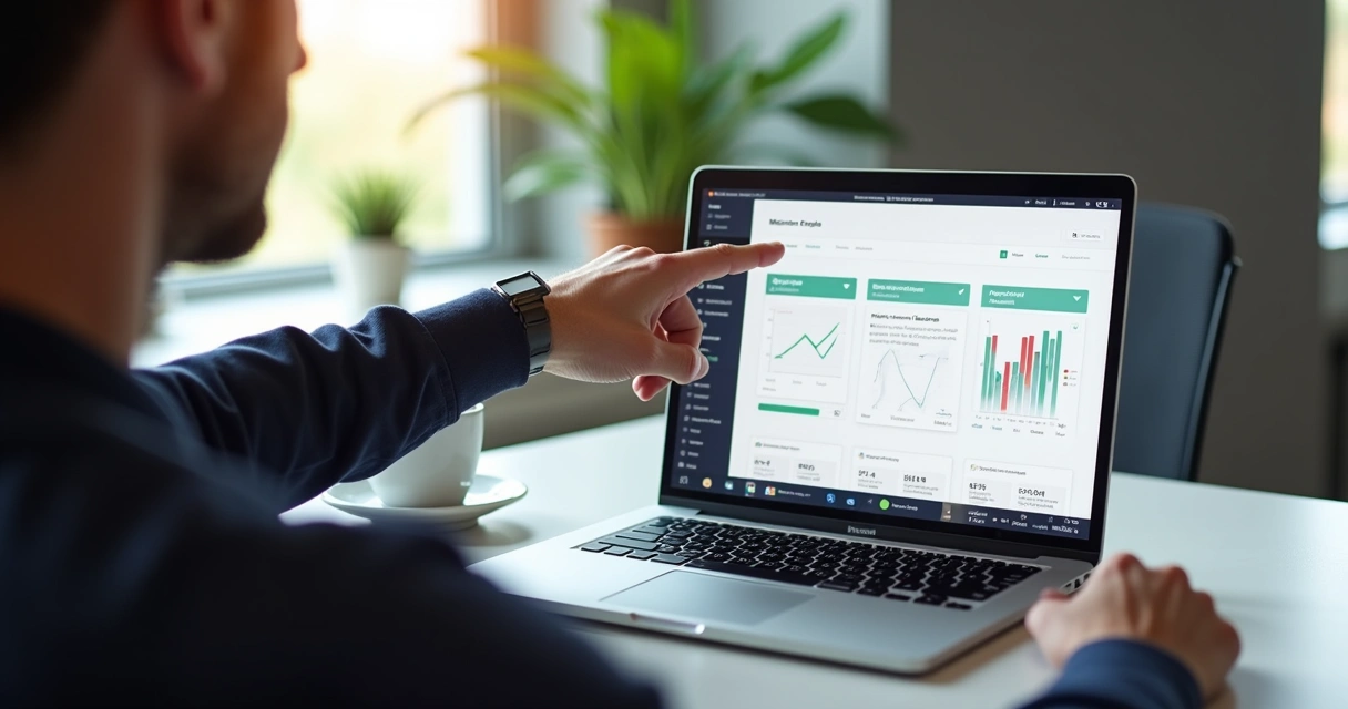 Empreendedora aponta para site em notebook, destacando resultados visíveis 