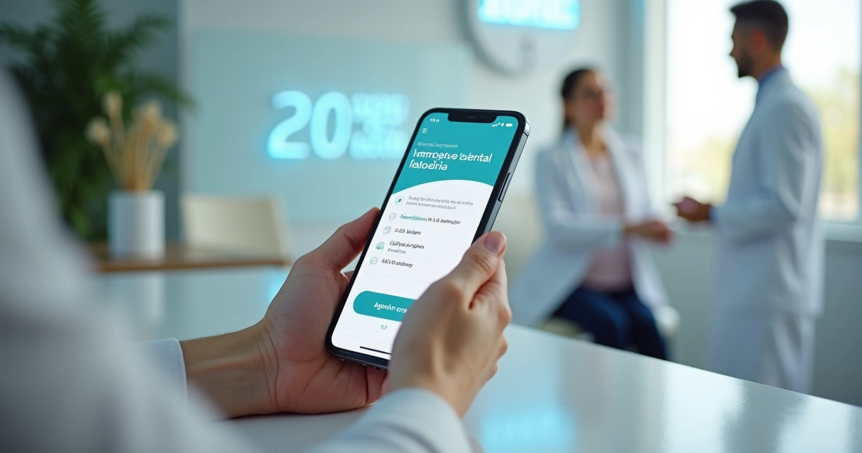 Paciente segurando celular mostrando site responsivo de clínica odontológica 