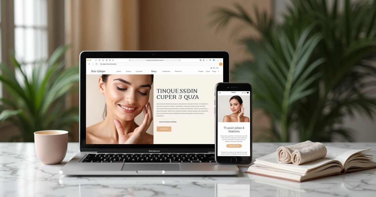 Site moderno de clínica de estética exibido no notebook e celular 