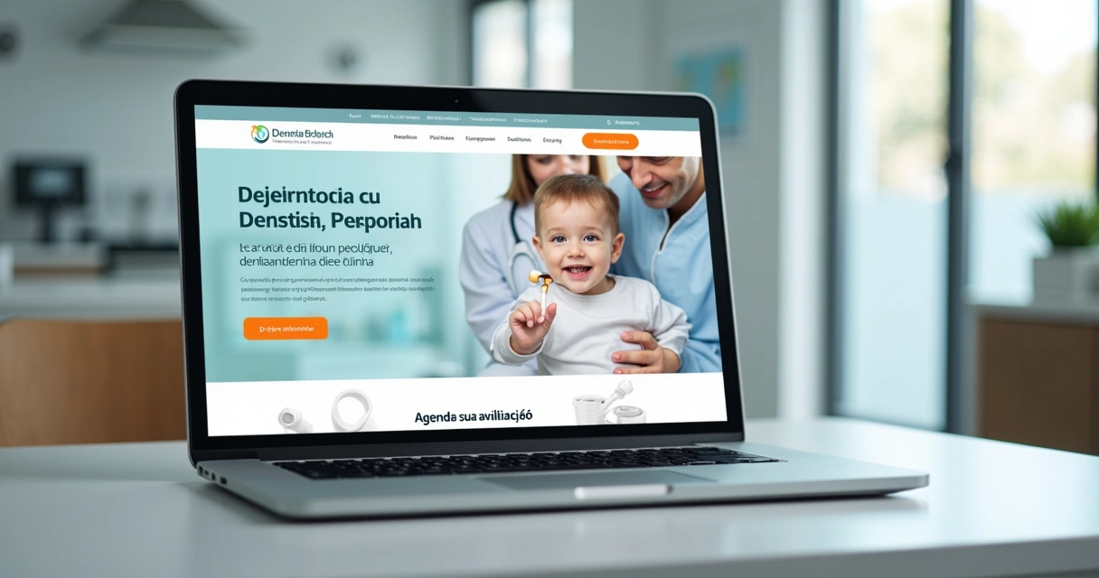 Site de clínica odontológica em notebook, destaque para botão de agendamento 